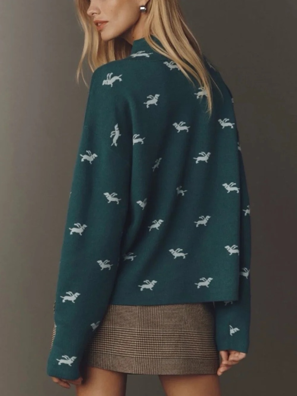 Anthropologie Maeve CARYS Mock Neck Sweater Womens Medium Dachshund Dog Green -M - Picture 2 of 7